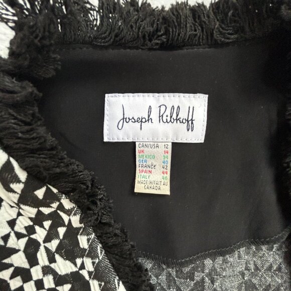 Joseph Ribkoff Womens Black White Geometric Fringe Blazer Jacket Size 12 Stretch - Picture 3 of 8